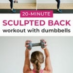 Pin for Pinterest back workout for women - shows woman performing a back exercise