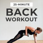 Pin for Pinterest back workout for women - shows woman performing a back row in a plank position