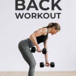 Pin for Pinterest back workout for women - shows woman performing a back row