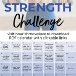 Pin for Pinterest of fitness beginner workout plan - shows calendar graphic of 30-day plan and woman performing a bicep curl hold